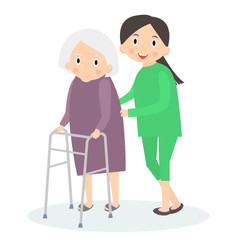 Caring for seniors, helping moving around. Elderly care. Vector illustration.