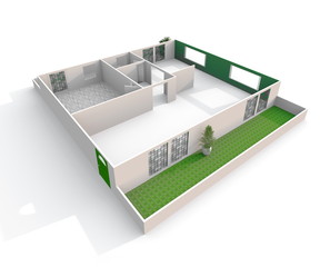 3d interior rendering oblique view of empty paper model home apartment with green balcony: room, bathroom, bedroom, kitchen, living-room, hall, entrance, door, window, balcony