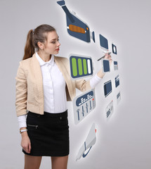 Woman pressing multimedia and entertainment icons on a virtual background