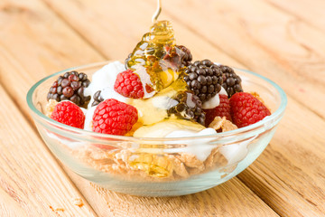 breakfast cereal bowl with berries and yogurt