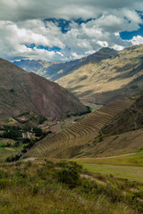 Inca agricultural terraces in Pisac, Sacred Valley, Peru
