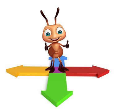 cute  Ant cartoon character with arrow sign