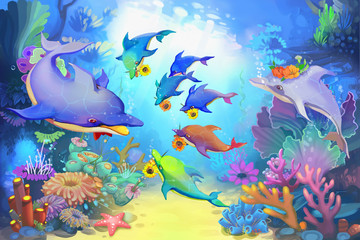 Creative Illustration and Innovative Art: Happy Father's Day in the Sea by Dolphins. Realistic Fantastic Cartoon Style Character, Story, Card Design © info@nextmars.com