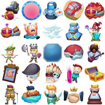 Creative Illustration and Innovative Art: 25 Achievements or Character Icons Set iSolated on White Background. Realistic Fantastic Cartoon Style Character Design, Wallpaper, Story, Card Design