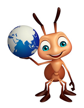 fun Ant cartoon character with earth