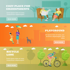 Fototapeta premium Family concept banner. Seniors, mother spend time with kid, rider on bicycle in park. Vector illustration flat style design