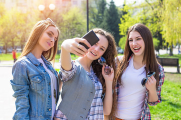 Young happy teenage girls making selfie and having fun in summer park.