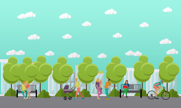 Family in park concept banner. People spending time with kids and friends. Vector illustration in flat style design.