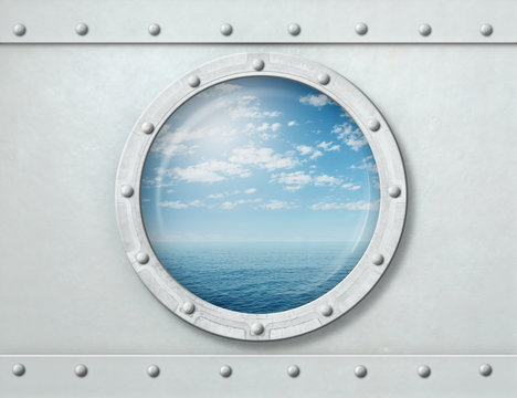 ship porthole or window with sea and horizon 3d illustration