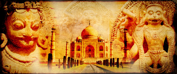 Grunge background with paper texture and landmarks of India