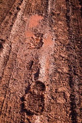 The imprint of the shoe on the muddy dirt road