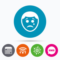 Sad face with tear sign icon. Crying symbol.