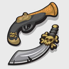 Ancient pirate sword and gun in cartoon style