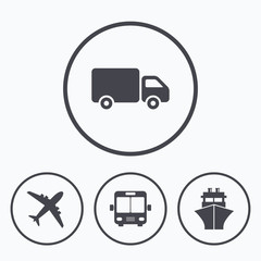 Transport icons. Truck, Airplane, Bus and Ship.