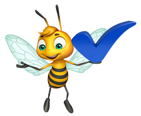 fun Bee cartoon character with right sign