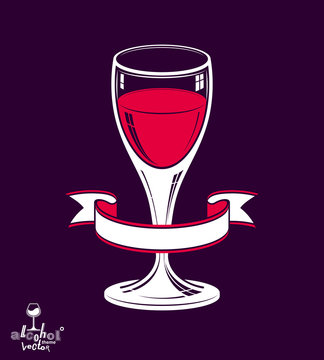 Realistic goblet of wine with decorative ribbon placed over dark