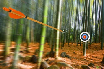 Keuken spatwand met foto Arrow moving through air to target with radial motion blur, part photo, part 3D rendering © David Carillet