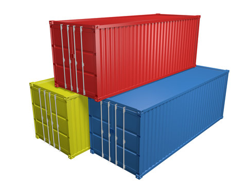 Red, yellow, and blue shipping import and export containers, 3D rendering