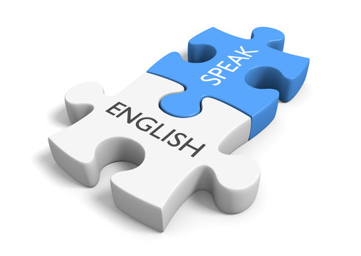 Two connected puzzle pieces with the words speak and English, 3D rendering