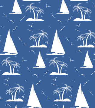 A seamless repeating pattern of palm trees and sailing ships.Vec