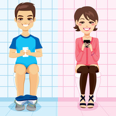 Man and woman texting with smartphone sending messages and communicating online while using toilet