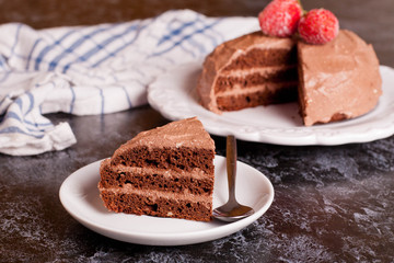 Delicious chocolate cake on plate on table