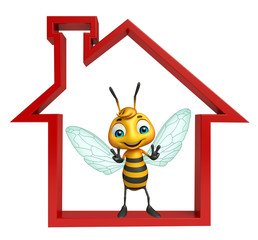 fun Bee cartoon character with home sign