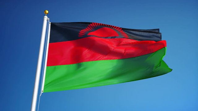 Malawi flag waving in slow motion against clean blue sky, seamlessly looped, close up, isolated on alpha channel with black and white luminance matte, perfect for film, news, digital composition