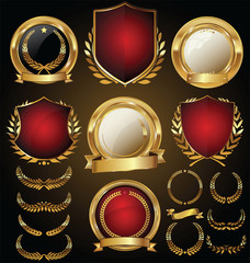 Vector medieval golden shields laurel wreaths and badges collection