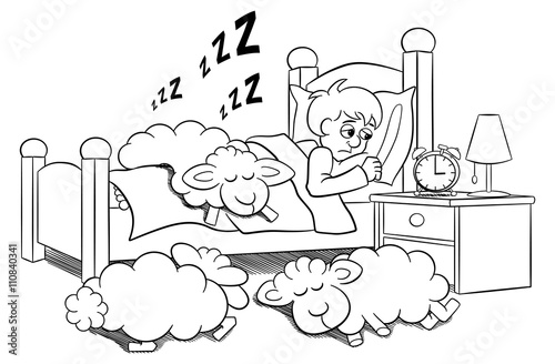 "Schafe schlafen auf dem Bett eines schlaflosen Mannes "Schafe schlafen auf dem Bett eines schlaflosen Mannes