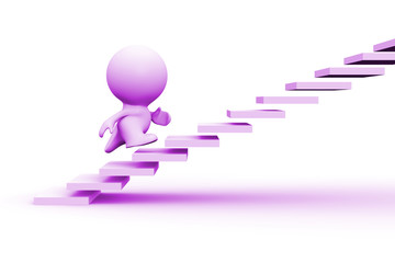 purple 3d human character running up on stairs in front of white background