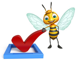 fun Bee cartoon character with right sign