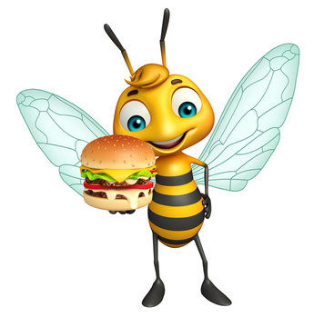 fun Bee cartoon character with burger