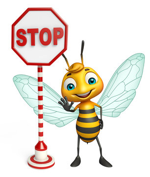 fun Bee cartoon character with stop sign