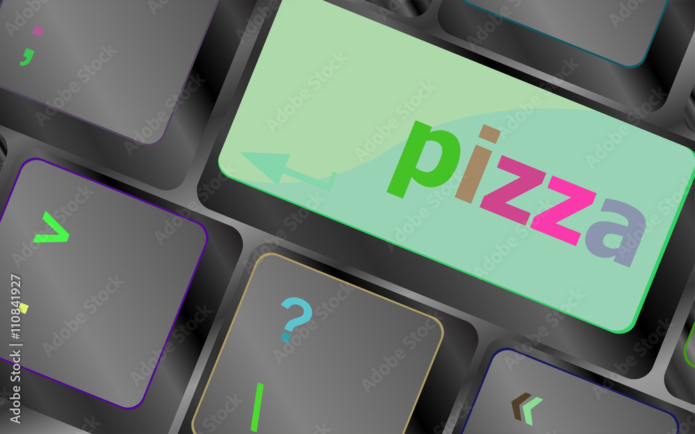 Poster computer keyboard with blue pizza word on enter key, vector keyboard key. keyboard button. vector il