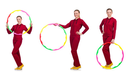 Woman doing exercises with hula hoop