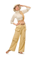 Pretty woman in beige trousers isolated on white