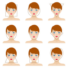 Different woman's face shapes set. Nine icons. Girls with blue eyes, red lips and brown hairs. Colorful vector illustration.