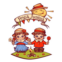 Brazilian Festa Junina Party girl and boy with ribbon banner. Vector illustration.