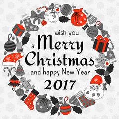 Christmas greeting card with text wish you a Merry Christmas and wreath with many winter doodles. Santa, toys, cookies, snowmen, fir, candies, socks, gifts, bows, snowflakes, hollies, mittens
