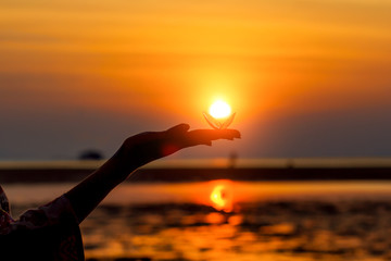 Silhouette of a woman's hand, holding sea shell against the sett