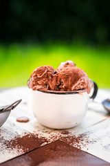 Sweet chocolate ice cream with cocoa powder in vintage bowl and with ice cream spoon.