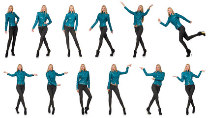 Pretty woman in blue leather jacket isolated on white