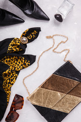 Still life of fashion woman. Feminine cosmetic background.Women's set of fashion accessories with leopard print..selective focus.