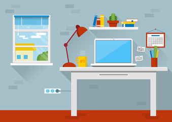 Flat design vector illustration of modern office interior. Creative cartoon office workspace with computer, calendar, books, plants, mug. Flat minimalistic style and color, long shadows.  © midsummerday
