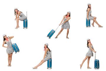 Naklejka premium Travelling woman with suitcase isolated on white