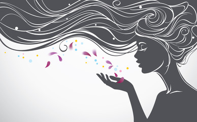 Vector illustration with beautiful  long hair girl blows away flower petals from her palm