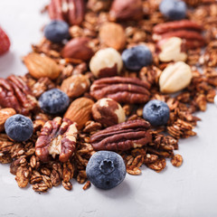Granola with nuts,Goji berries, honey,and berries,scattered on the table.Healthy dry Breakfast.selective focus.
