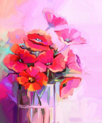 Oil Painting - Still life of red and pink color flower. Colorful Bouquet of poppy flowers in glass vase. Red and pink color background. Hand Paint floral Impressionist style.