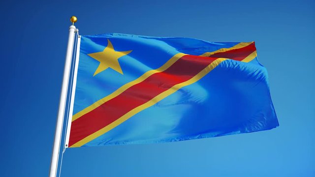 Democratic Republic of the Congo flag waving in slow motion against clean sky, seamlessly looped, close up, isolated on alpha channel with black and white matte, for film, news, digital composition
